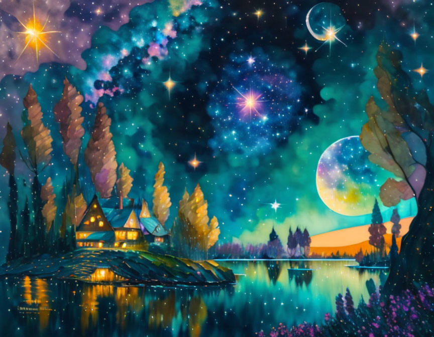 Whimsical painting of starry night sky with galaxy, cottage, lake, trees, moon,