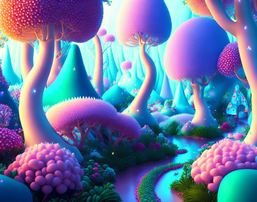 Colorful Mushroom Trees in Vibrant Fantasy Forest