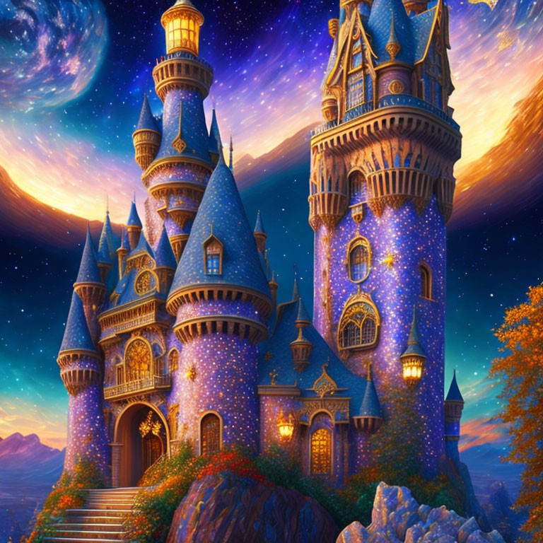 Enchanting castle with twinkling lights in starry twilight sky