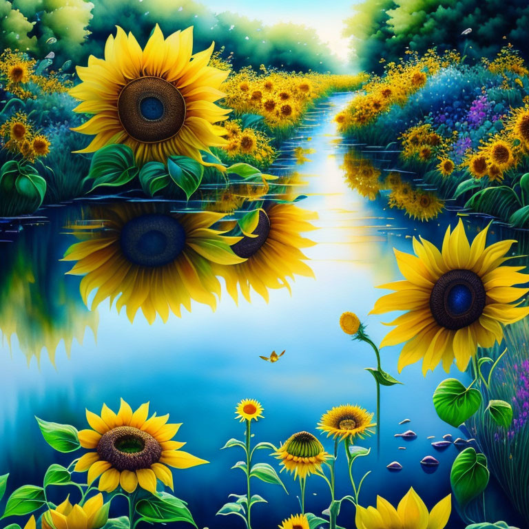 Sunflower painting by river with lush greenery and colorful flowers