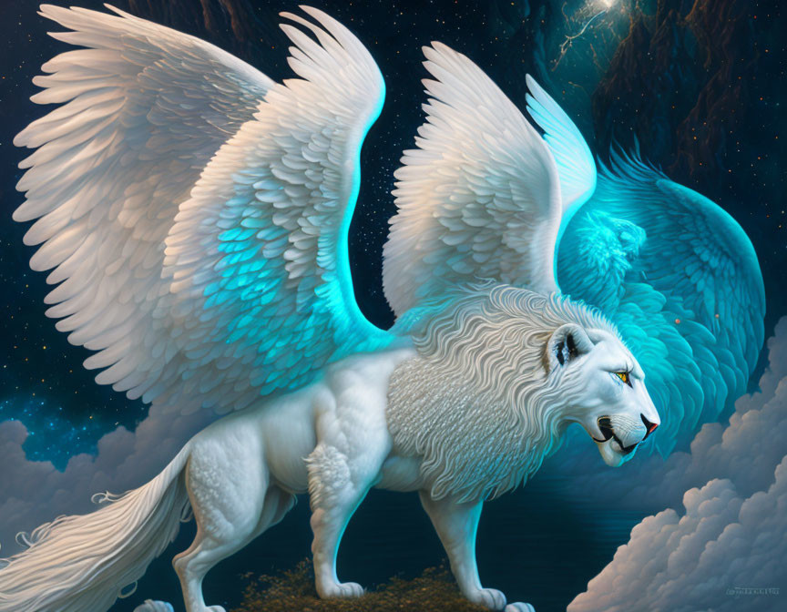 Winged lion with white mane and blue-tinted wings in cosmic setting