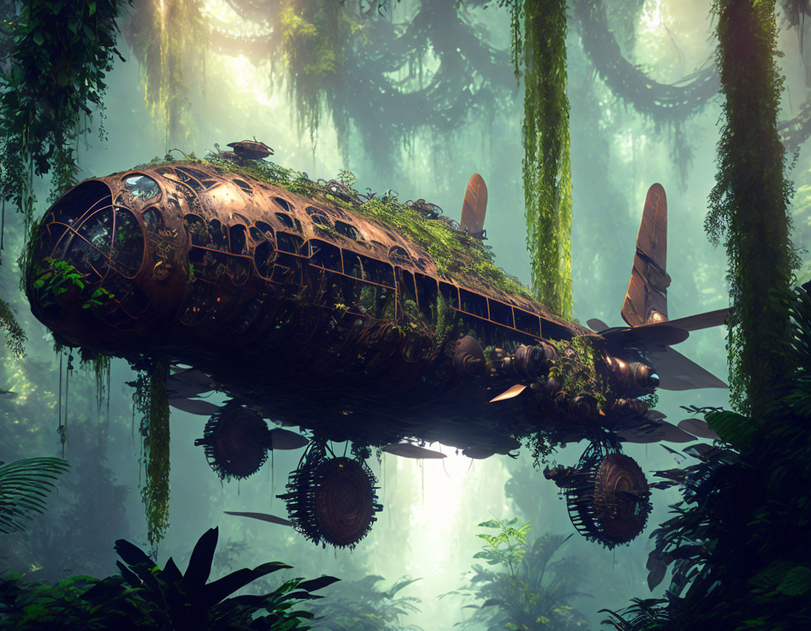 Abandoned airplane in misty jungle with vines and foliage