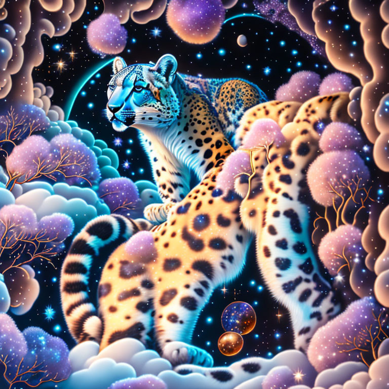 Snow leopard surrounded by celestial bodies and vibrant scenery in a starry sky