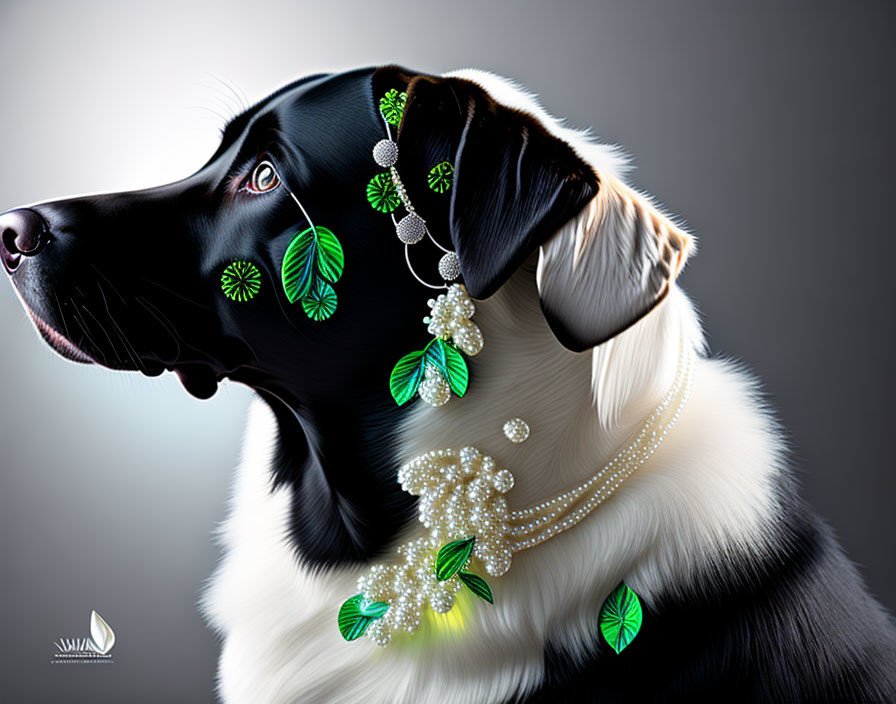 Black and white dog with pearl necklace and floral chain on gray background