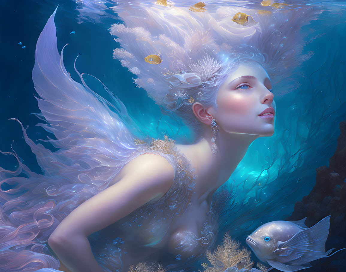 Fantastical underwater scene with woman, headdress, wings, fish, and ethereal glow