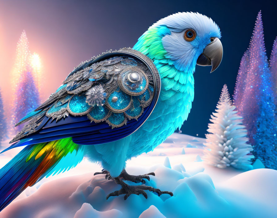 Colorful mechanical parrot in surreal icy landscape with crystal trees