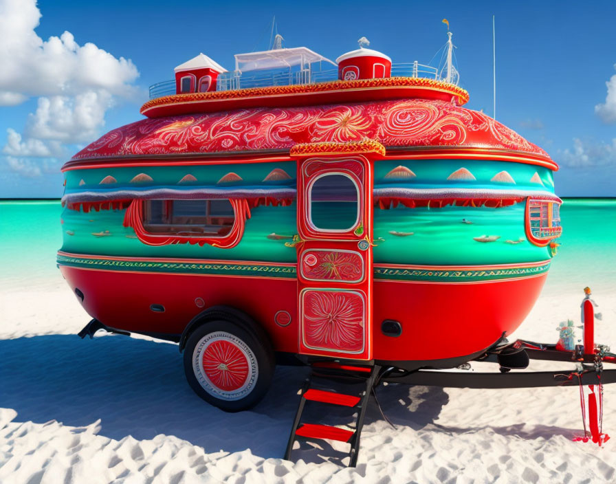 Colorful caravan with intricate designs on white sandy beach