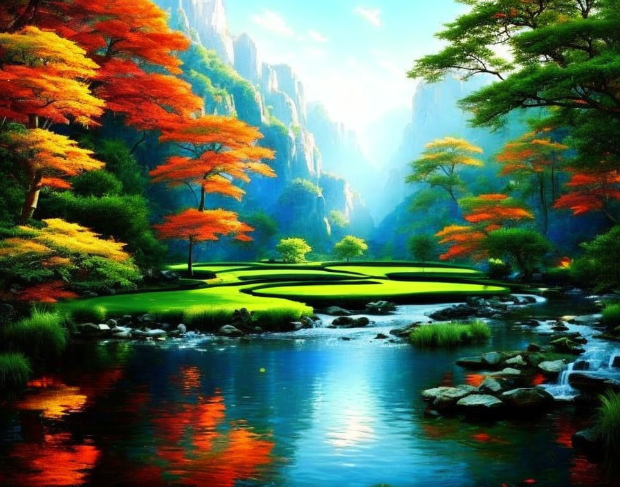 Scenic landscape with river, lush greenery, autumn trees, and blue sky