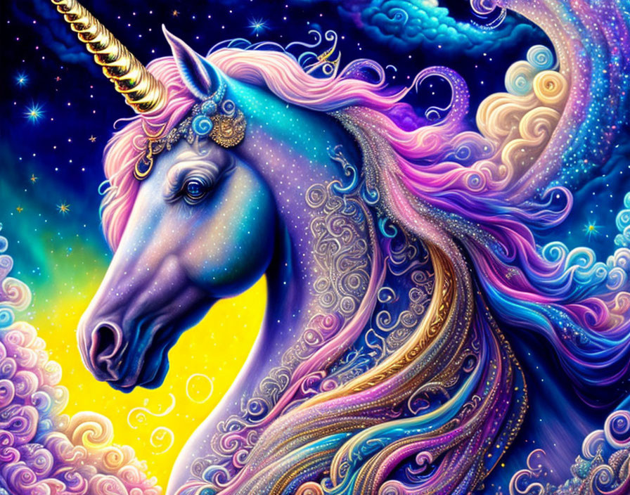 Colorful Unicorn Illustration with Swirling Mane on Cosmic Background