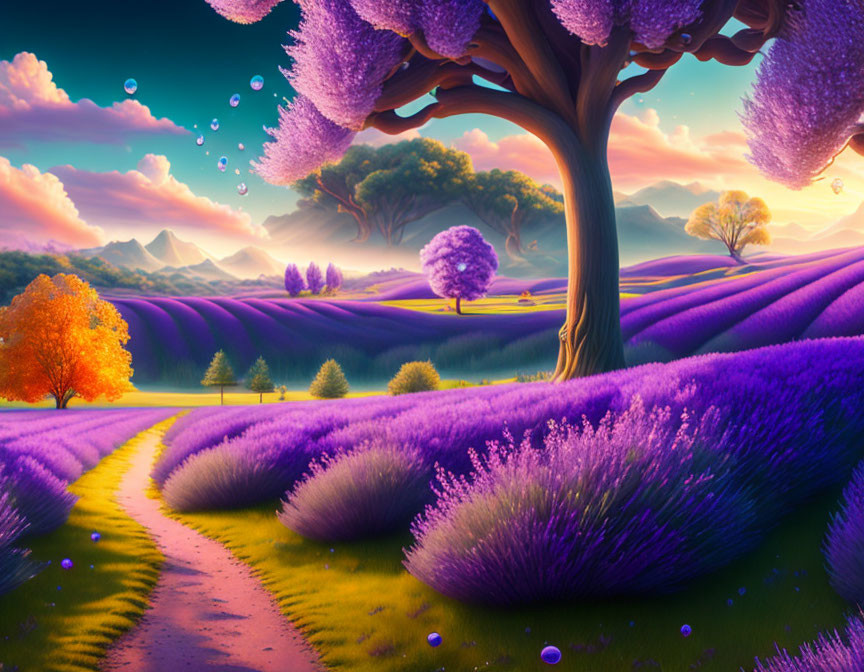 Purple Trees and Lavender Fields in Serene Sunset Landscape