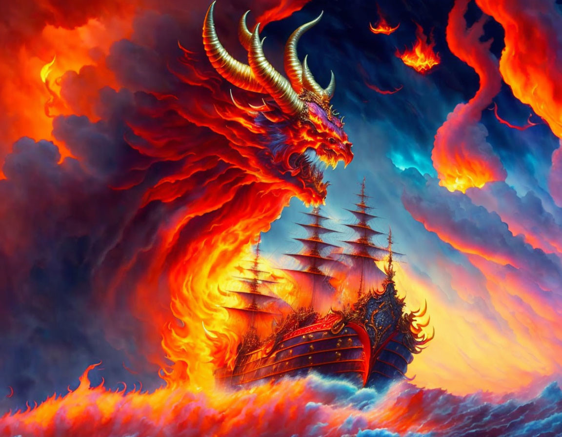 Dragon engulfing sailing ship in flames on turbulent sea