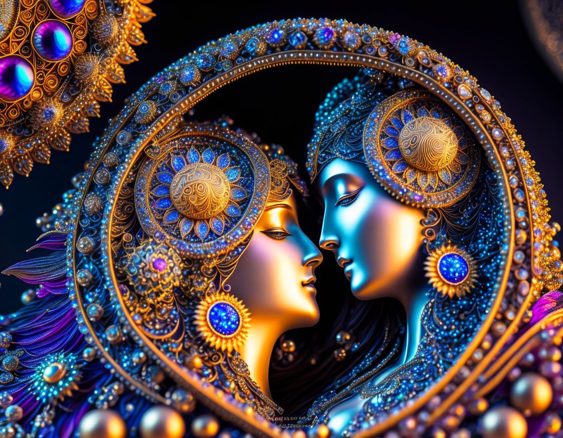 Colorful artwork featuring ornate faces in profile with intricate patterns and jewels on dark background