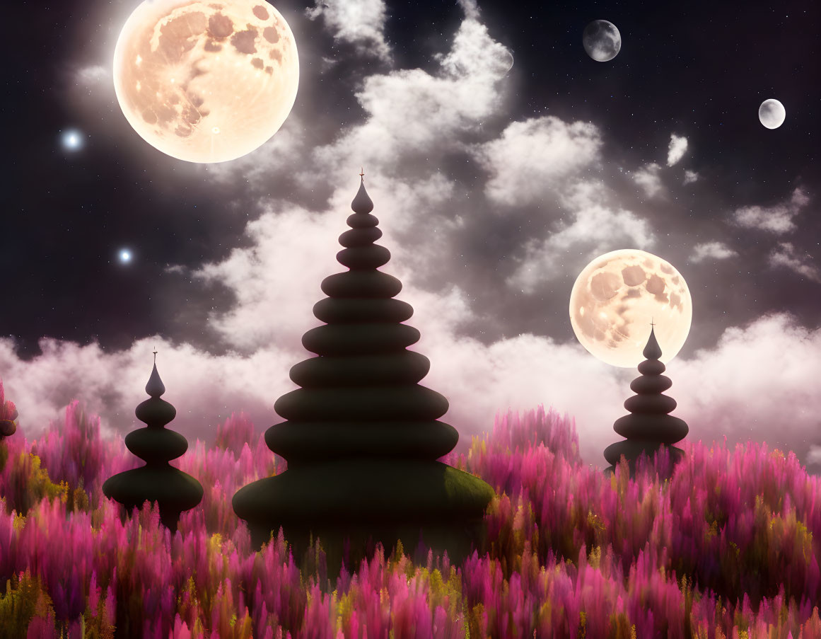 Whimsical nightscape with multiple moons and vibrant flora