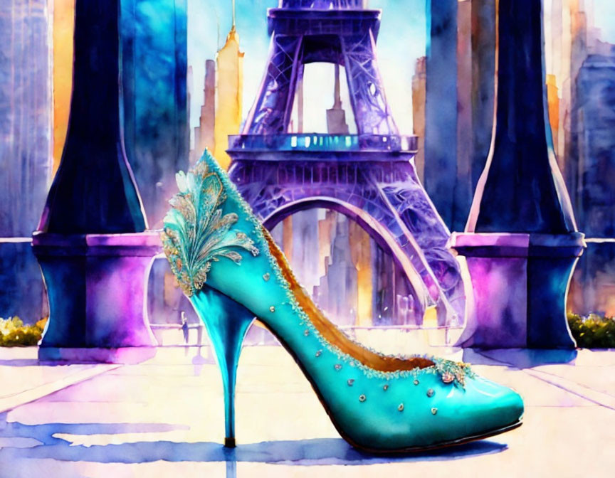 Teal high-heeled shoe with gold and feather details against Eiffel Tower backdrop