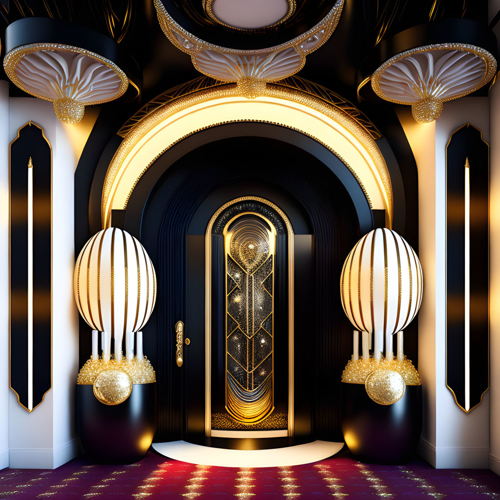 Opulent Art Deco Interior with Golden Door & Vintage Decor