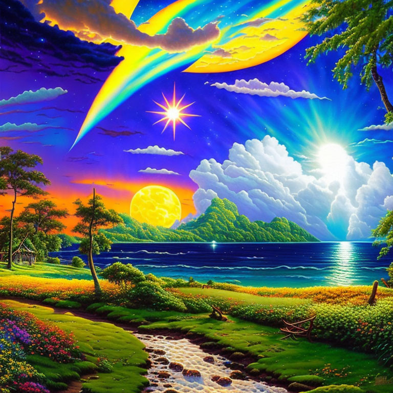 Colorful Landscape with Comet, Stars, Moon, and Sea Path