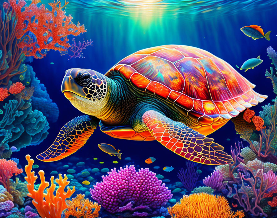 Colorful Underwater Scene with Sea Turtle, Coral Reefs, and Tropical Fish