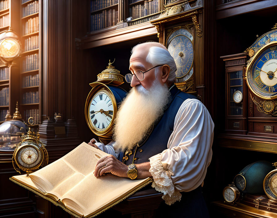 Elderly man with white beard reading in library with antique clocks