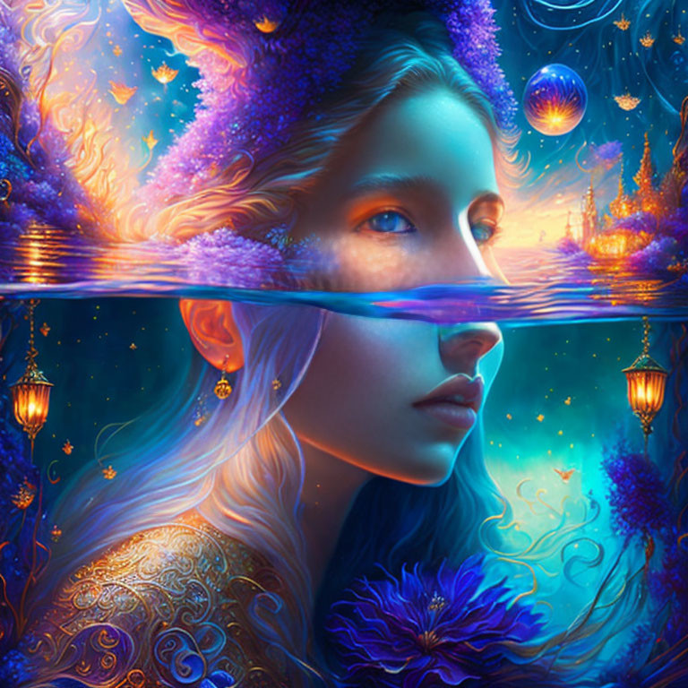 Fantasy Artwork: Woman's Face Submerged in Water with Celestial and Underwater Elements