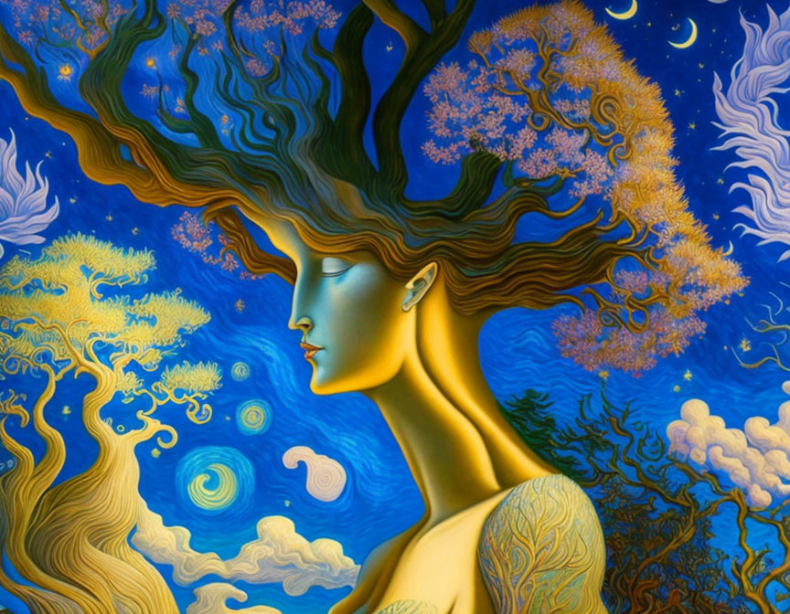 Surrealist painting: Woman's profile with tree hair in night sky