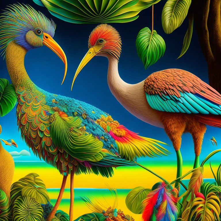 Colorful Exotic Birds Illustration in Lush Jungle