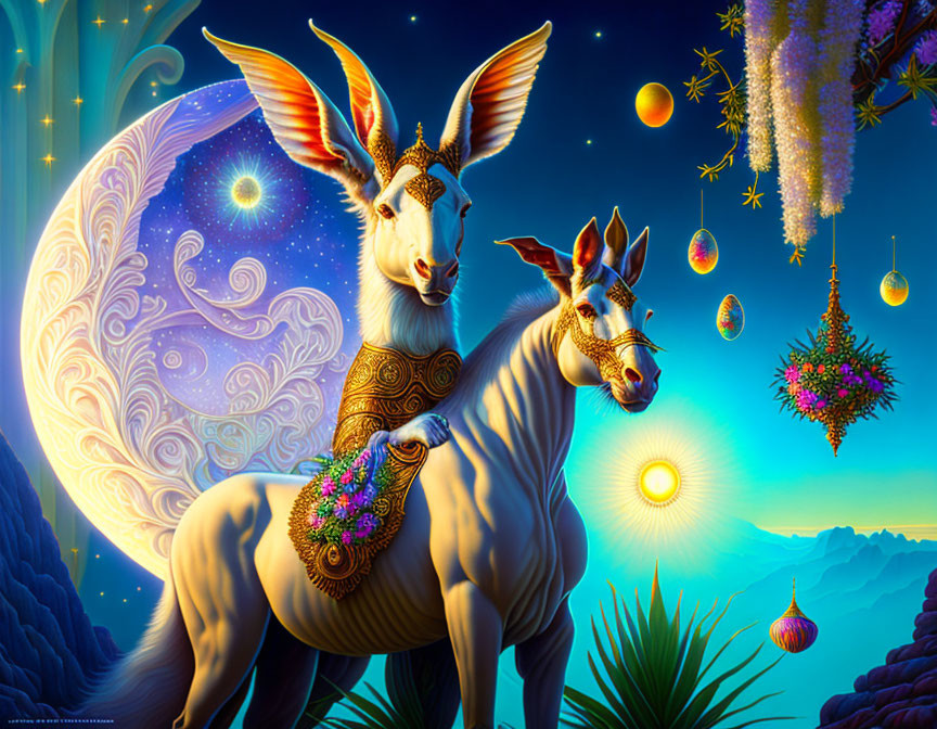 Mystical kangaroo-like creatures with antelope horns under starry sky