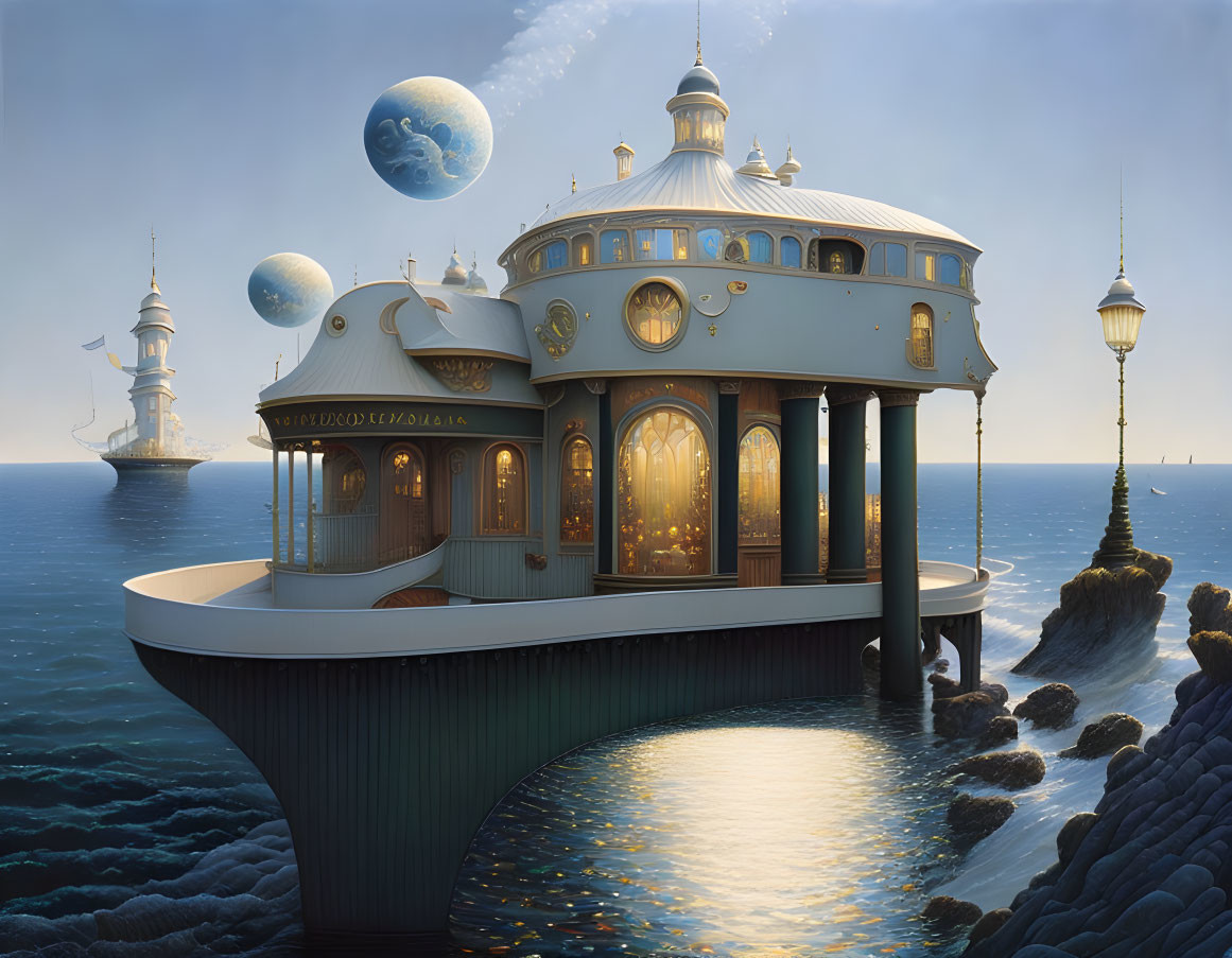 Fantastical ship-like building floating on ocean with serene sky and distant planets.