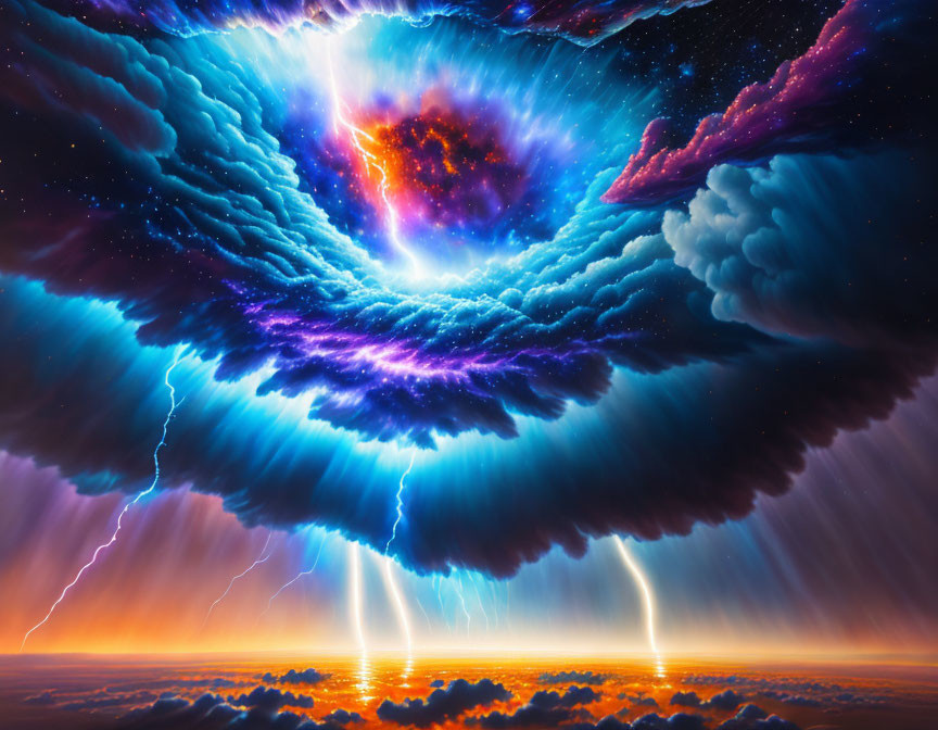 Colorful digital artwork: Cosmic lightning bolts from swirling nebula above fiery clouds