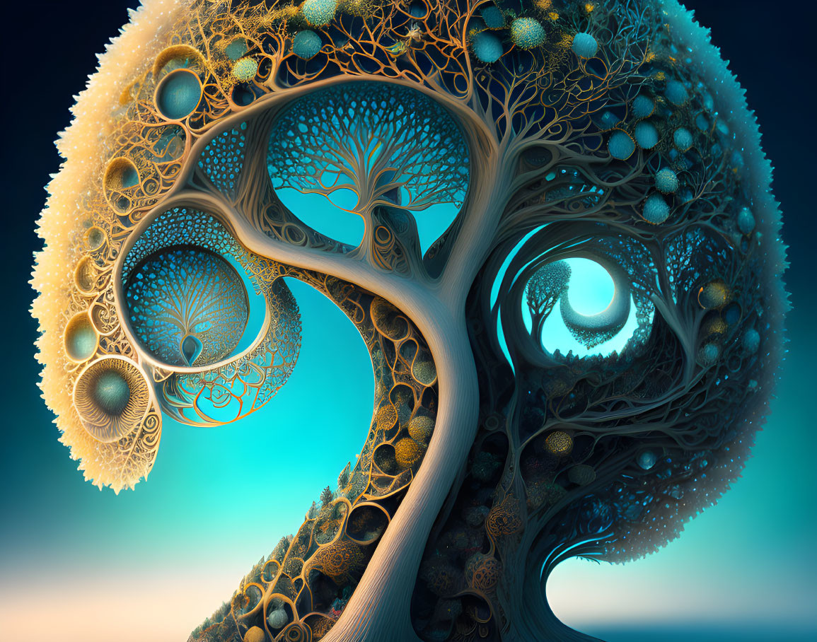 Intricate fractal tree on blue gradient background