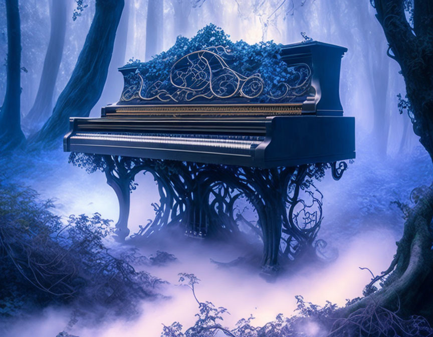 Ornate Piano with Tree-Like Legs in Mystical Forest
