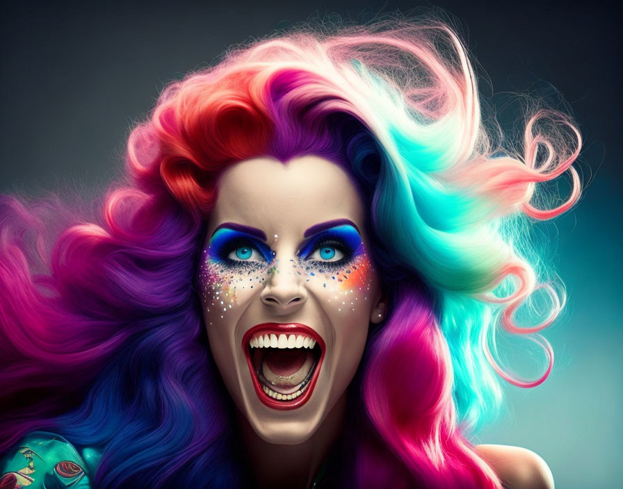 Colorful digital portrait of a smiling woman with vibrant hair and bold makeup