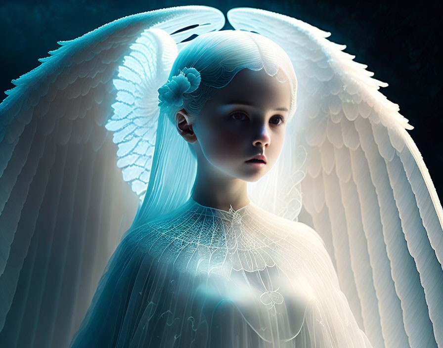 Young angelic figure with large white wings in mystical blue setting