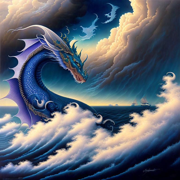 Blue dragon emerges from ocean waves under stormy sky with sailboat.