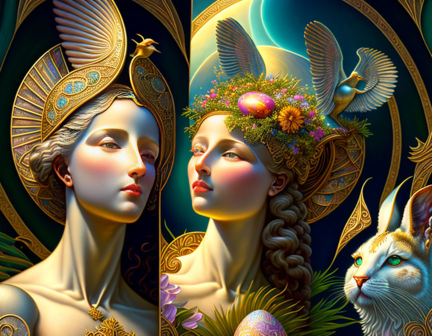 Stylized women's portraits with nature and mythology elements in ornate frames