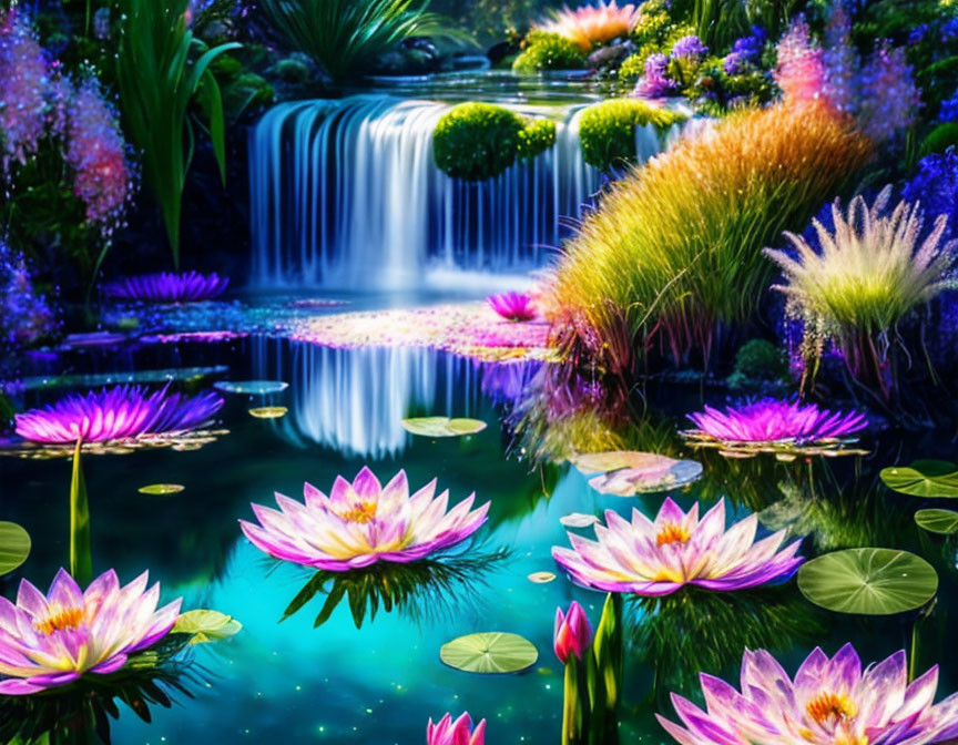 Tranquil pond with luminous water lilies and cascading waterfall