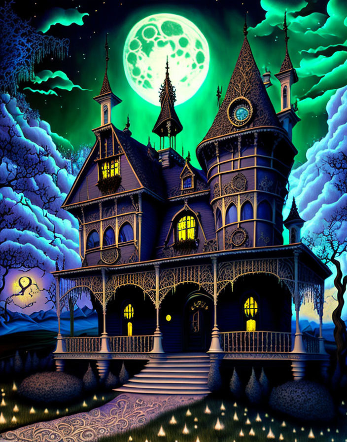 Gothic-style mansion with full moon and glowing windows