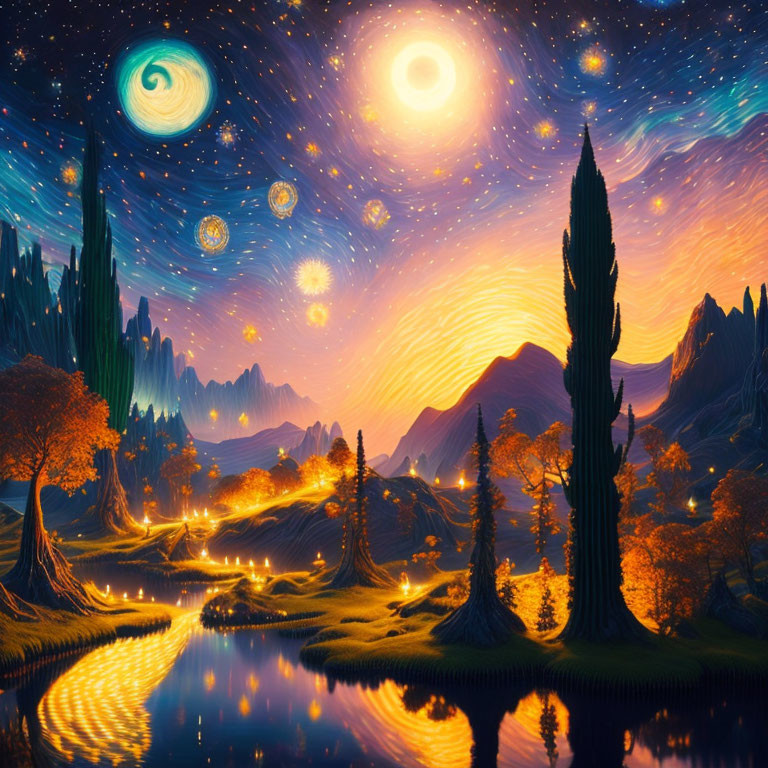 Vibrant fantasy landscape: tall trees, river, galaxy sky