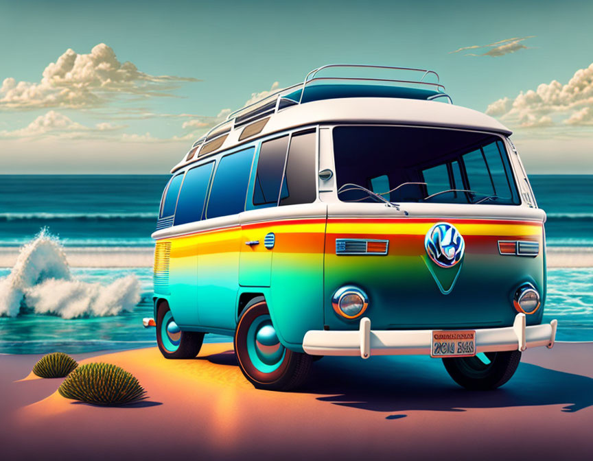 Colorful Retro Volkswagen Van Parked by Serene Beach