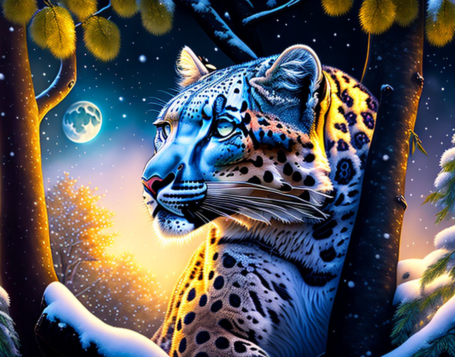 Detailed Leopard Illustration in Nocturnal Forest Setting
