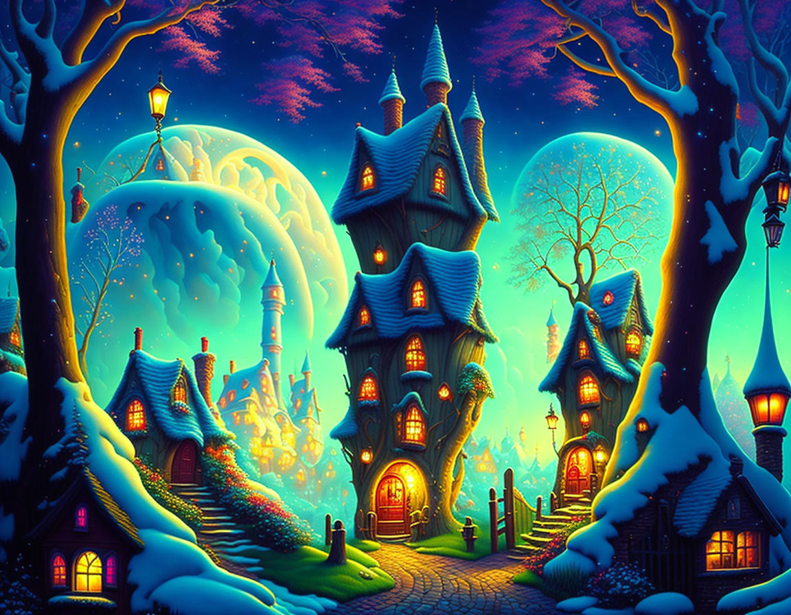 Snow-covered village with whimsical houses, glowing lanterns, and two moons