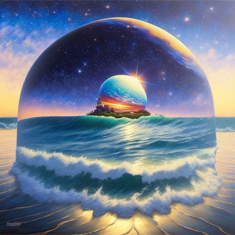 Surreal painting of ocean wave with dome-shaped universe overlay