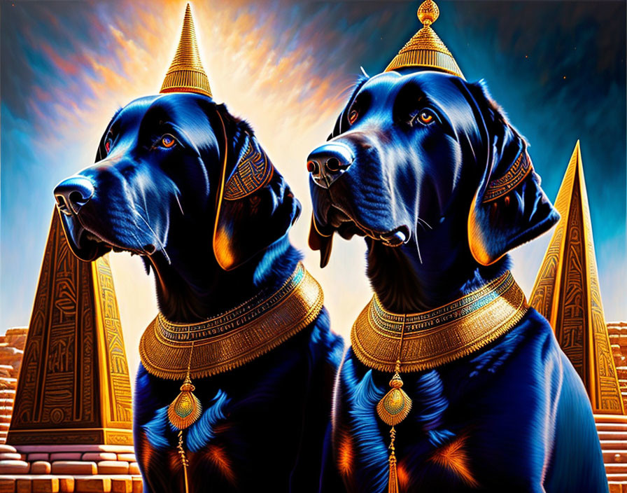 Regal black dogs with Egyptian adornments in mystical pyramid setting