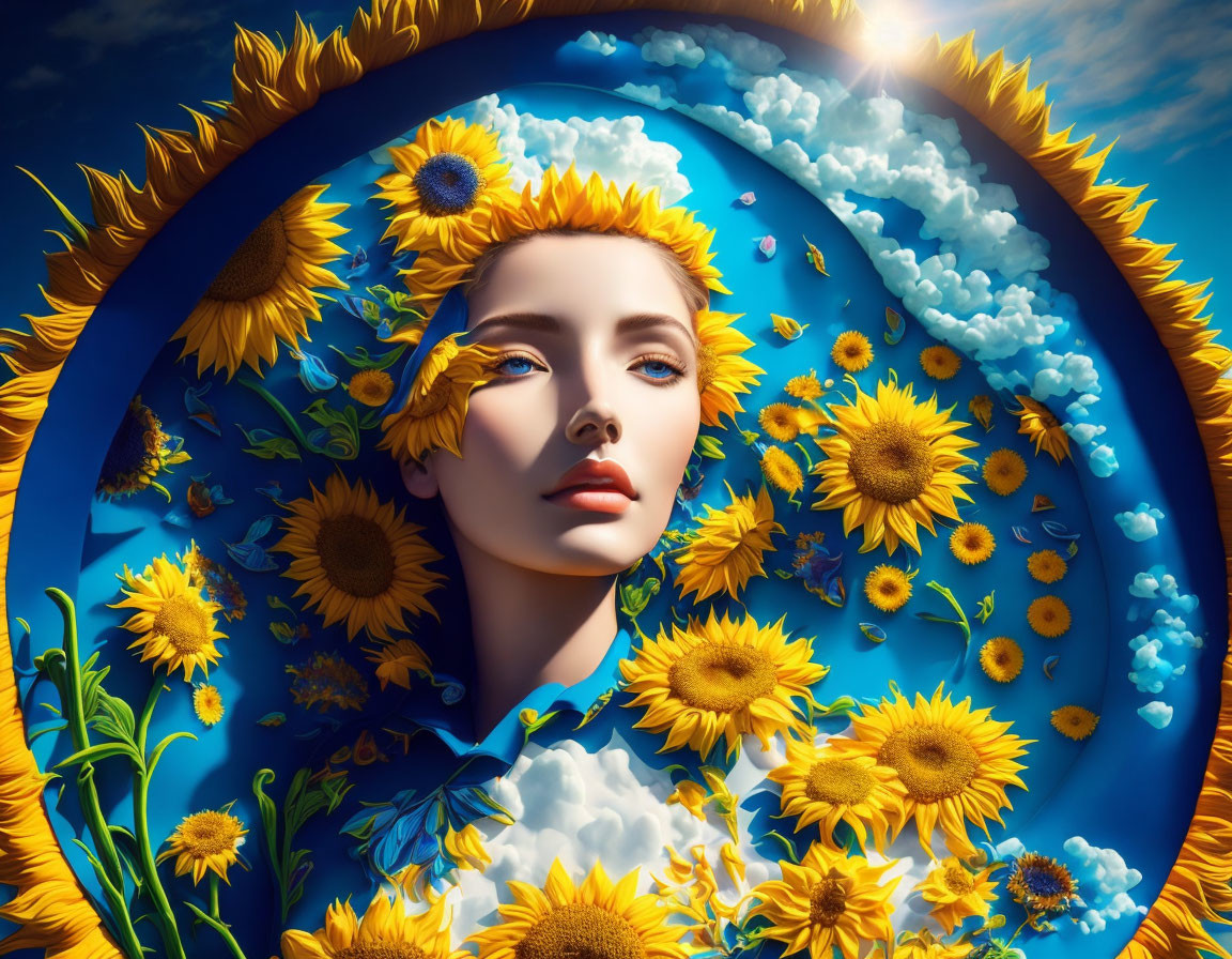 Surreal portrait of woman's face with sunflowers and blue sky in circular frame