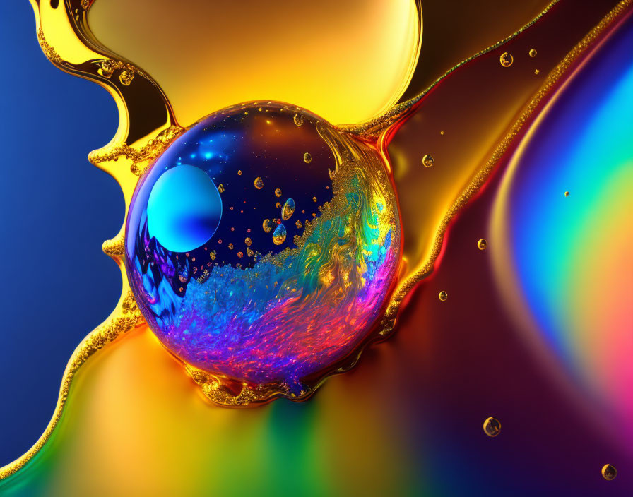 Colorful Macro Liquid Art: Blue, Gold, Rainbow Oil Drops