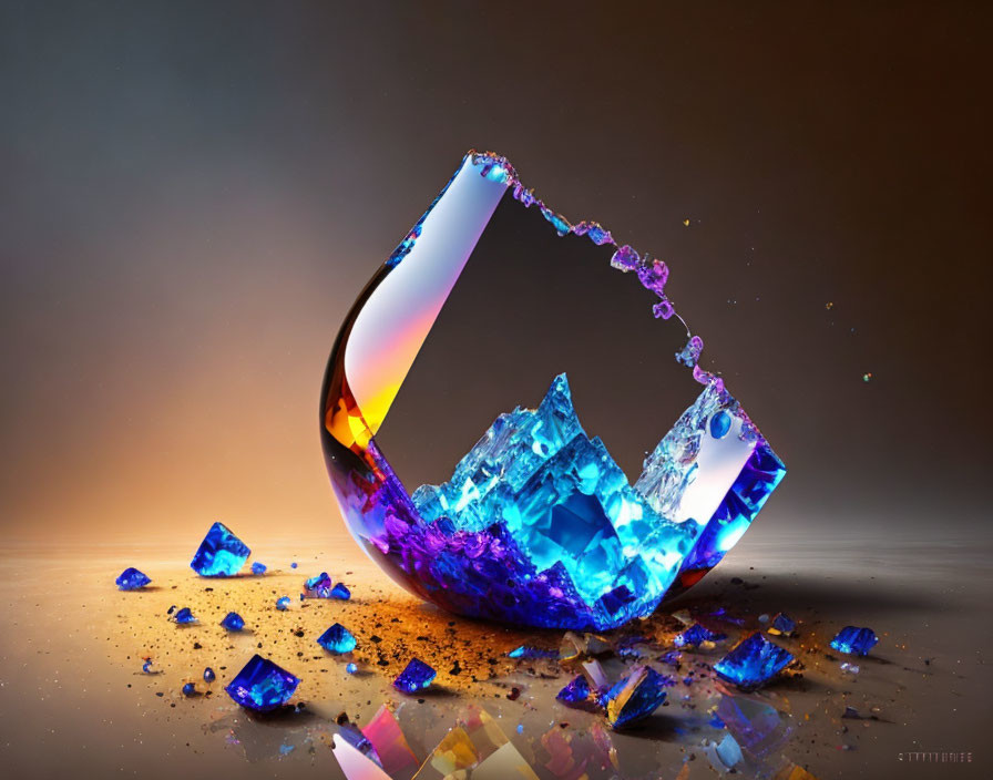 Colorful Broken Glass with Blue Ice Shards on Warm Background