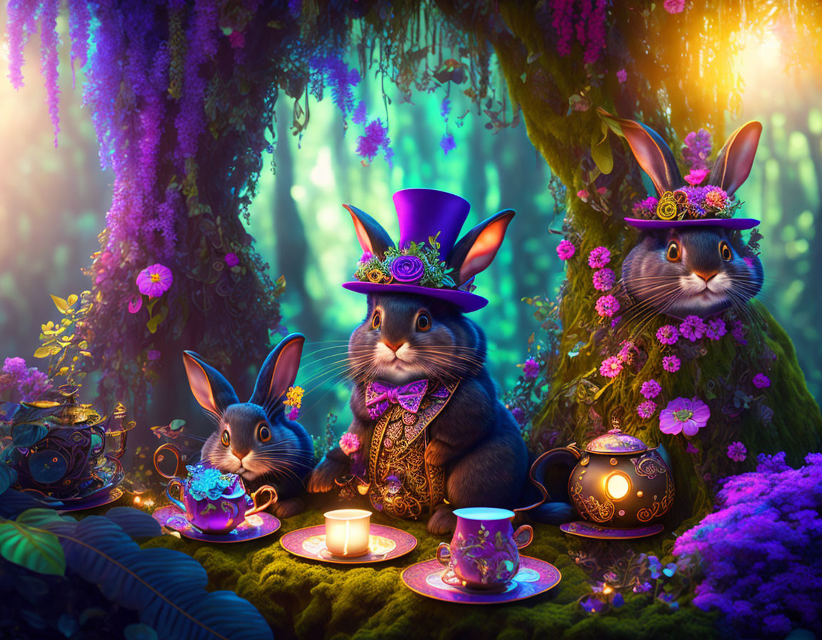 Three rabbits in fancy attire tea party in enchanted forest with colorful flowers