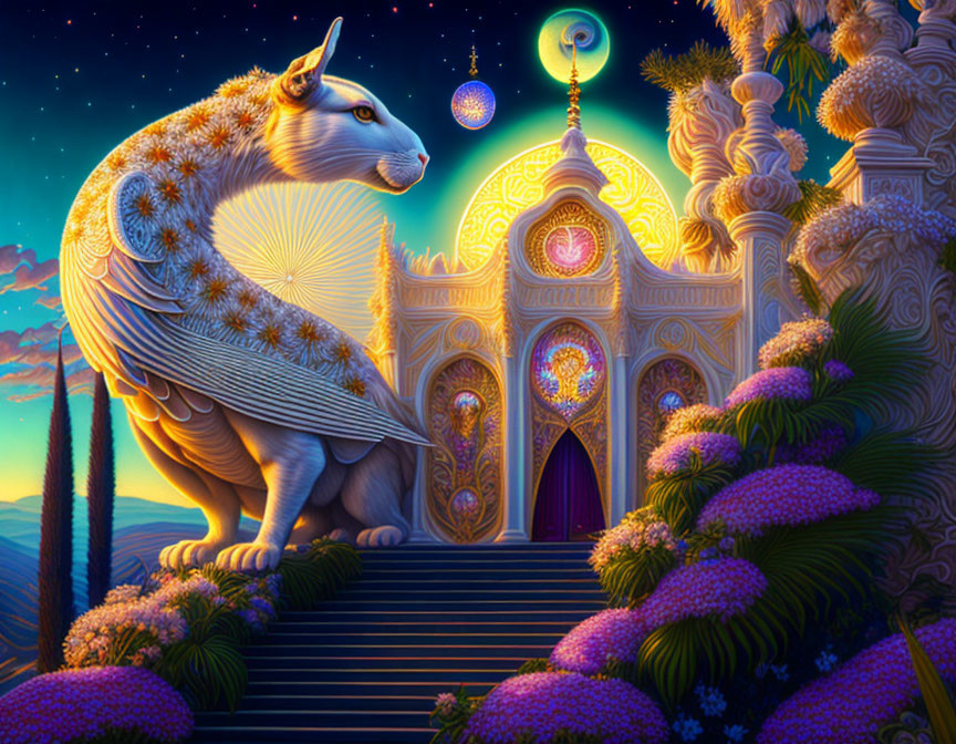 Fantastical cat overlooking colorful palace under starry sky