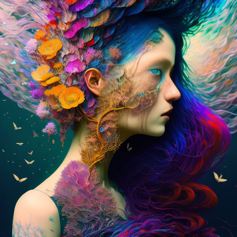 Colorful portrait of woman with blue skin, vibrant hair, feathers, flowers, and butterflies.