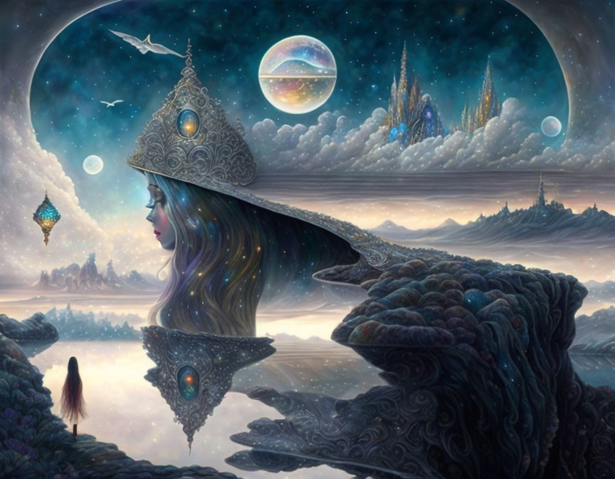 Surreal landscape with cosmic elements, floating islands, distant planet, castles, and ethereal