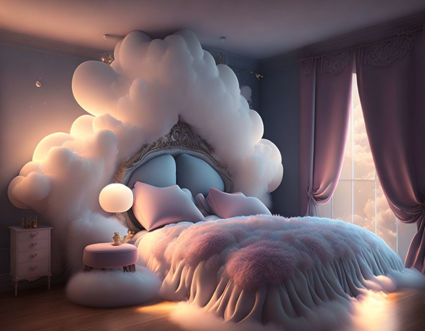 Whimsical bedroom with cloud-like bed canopy, fluffy pink bedding, cat, elegant drapes,